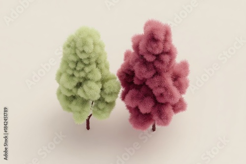 Two fluffy, cartoonish trees, one green and one red, on a light beige background