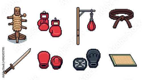 Pixel art martial arts gear set featuring gloves, wooden dummy, kettlebell, and speedball