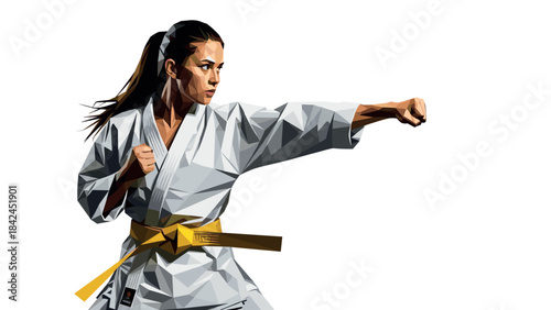 Geometric art portrait of female karate fighter in action with yellow belt and white gi