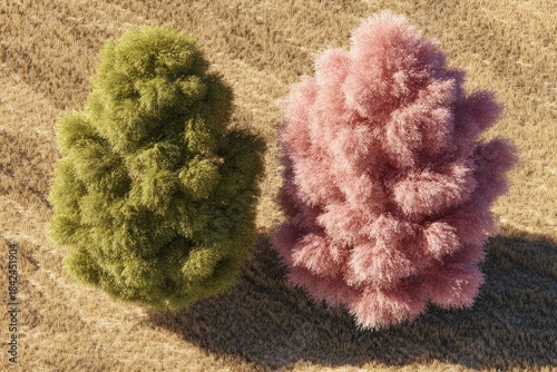 Two fluffy, textured, stylized, organic-looking forms in pastel green and pink on sandy surface
