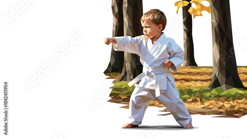 Young boy practicing karate in autumn forest with geometric art style