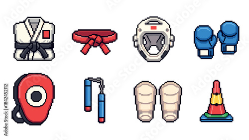 Pixel art martial arts gear collection: protective and training equipment