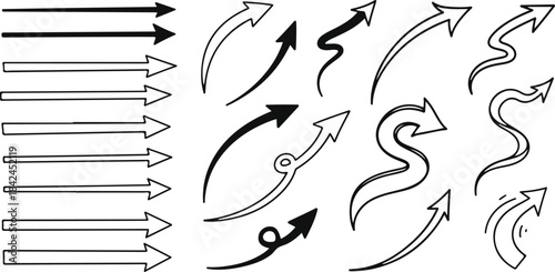 Hand drawn set of various direction arrows in black outline in vector
