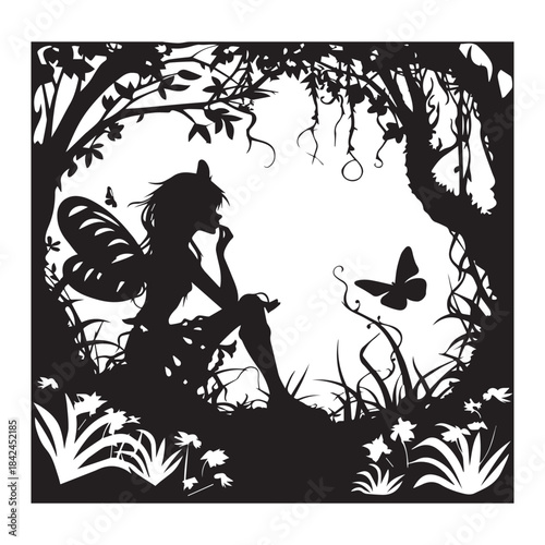 silhouette of a fairy girl with flowers on forest