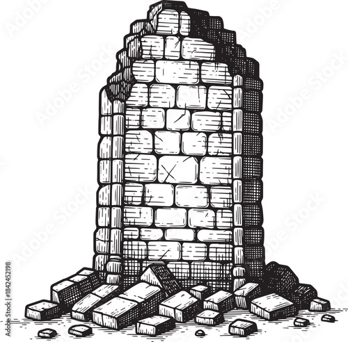 Etched Ancient Ruin of a Collapsing Stone Tower with Debris Illu