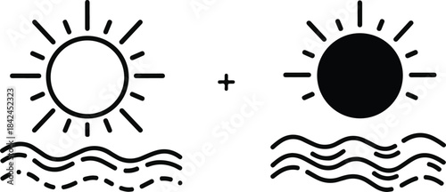 Sun and waves icons bright and dark summer beach symbols