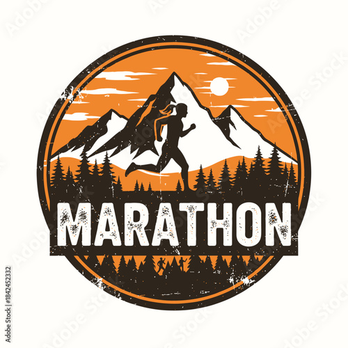 Dynamic marathon runner traversing mountain landscape with sunset backdrop