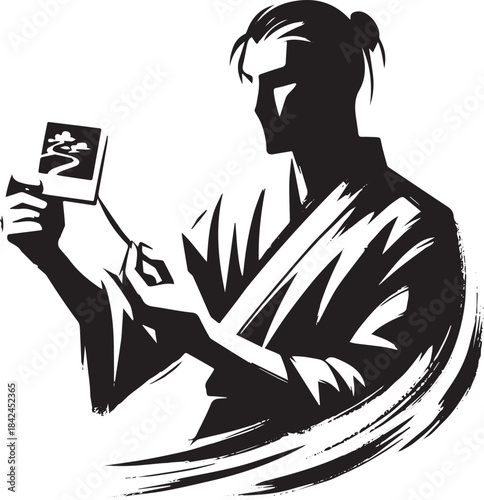 Sumi-e illustration depicting a man with a polaroid photo in Jap