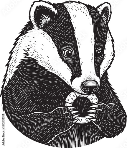 Engraved badger illustration holding a torus, minimal linework a