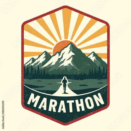 Outdoor mountain marathon logo with sunrise and a lone runner silhouette