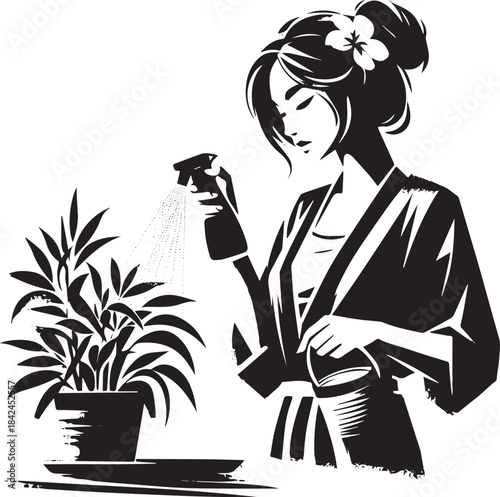 A woman in kimono waters indoor plant with a sprayer in minimali