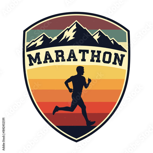 Dynamic marathon runner silhouette against vibrant mountain landscape emblem