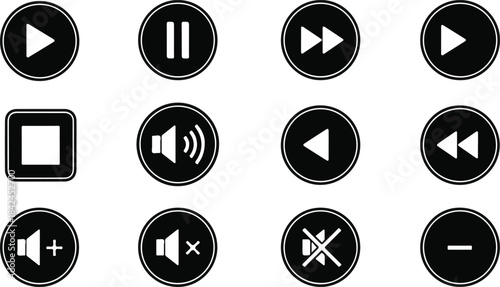Black and white media player control button set isolated on background