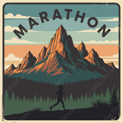 Inspirational mountain landscape with a running figure symbolizing endurance