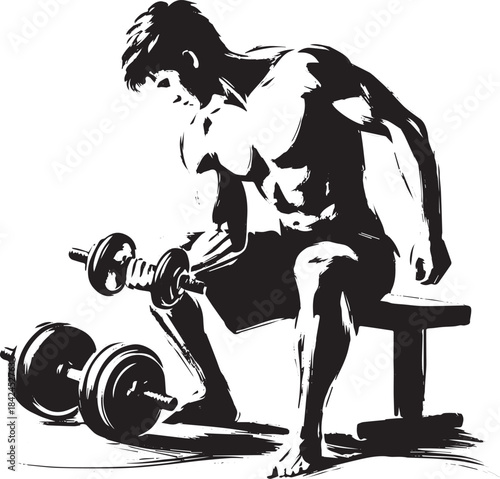 Sumi-e style illustration of a man seated doing dumbbell curls e