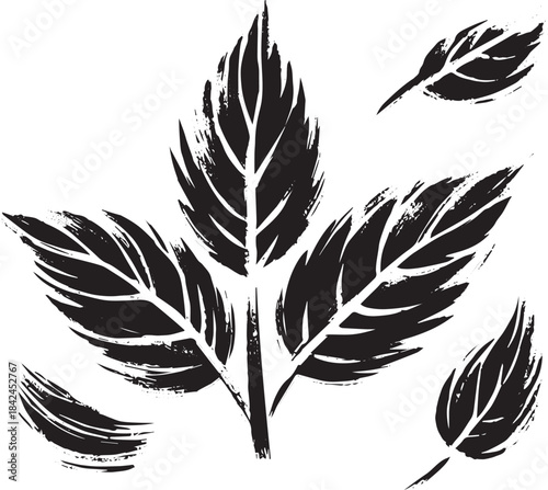 Minimalist sumi-e style illustration of mint leaves on a white b