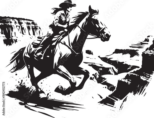 Wild west adventure in grand canyon with galloping horse and rid