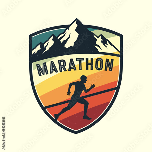 Dynamic marathon race emblem showcasing a runner in mountainous landscape with