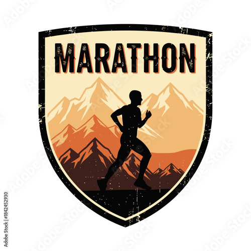 Dynamic marathon runner silhouette against rugged mountain landscape