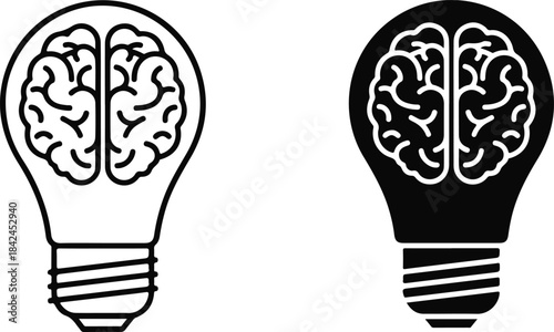 Brain in light bulb idea and solution icon outline and glyph style