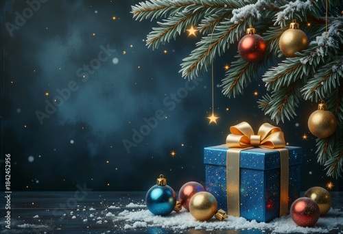 Warm festive composition with Christmas ornaments and wrapped present