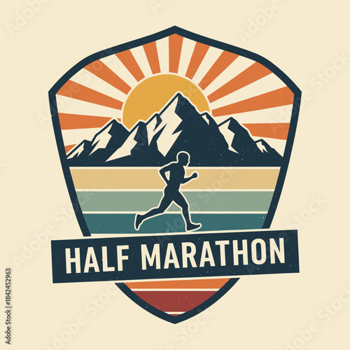 Dynamic mountain trail running event badge highlighting endurance and nature