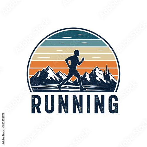 Dynamic silhouette of a person running through mountainous landscape with