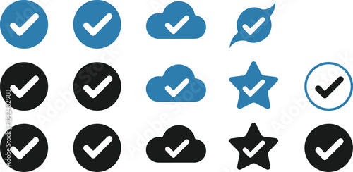 Set of check mark icons in different shapes and styles
