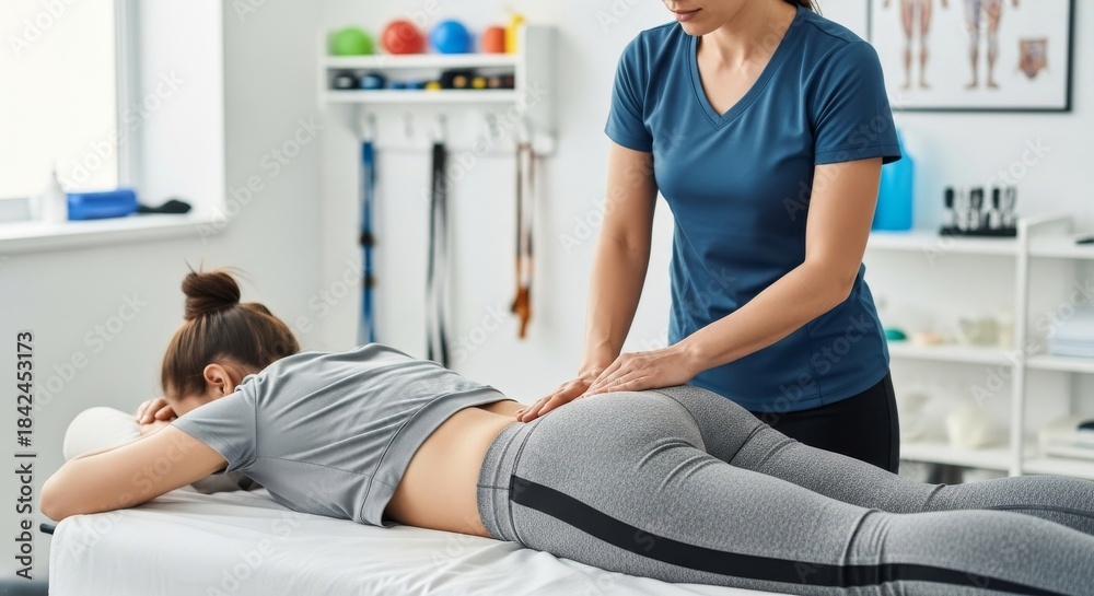 Fototapeta premium Young woman in sportswear receiving back massage from female physical therapist at clinic.