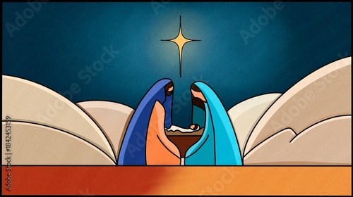 Minimalist illustration representing Nativity scene in Bethlehem. Christmas design of holy family baby Jesus with Joseph and Mary.