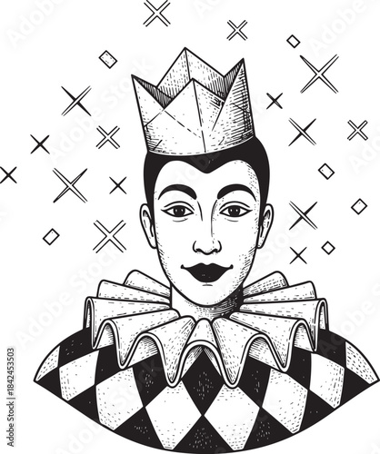 Engraved jester artwork wearing a crown and diamonds, festive ce