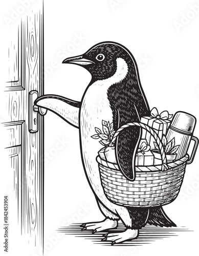 Engraved Penguin Illustration Delivering a Gift Basket, Greeting