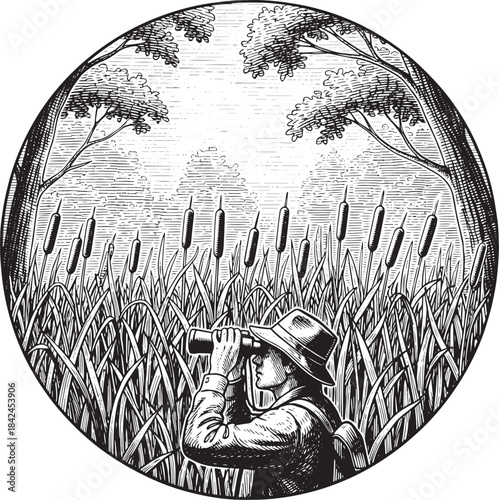 Engraved illustration of ornithologist using binoculars in a nat