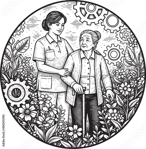 Woodcut illustration depicting caregiver and elderly woman with