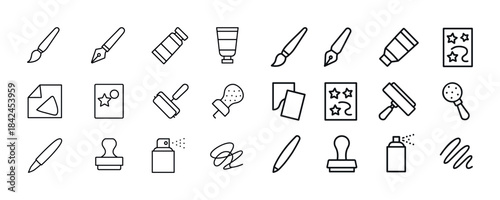 Art tools icons: brushes, pens, paints, stamps, sprays in line d