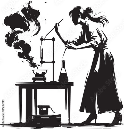 Sumi-e illustration of a focused woman conducting an experiment