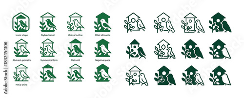 Minimalist birdhouse logos with geometric bird and leaf designs