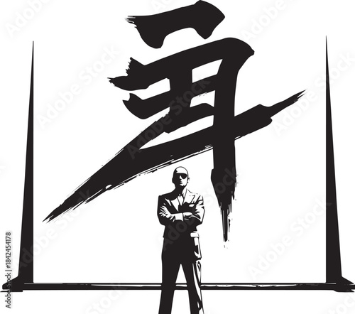 Black and white sumi-e illustration of a man posing with kanji b