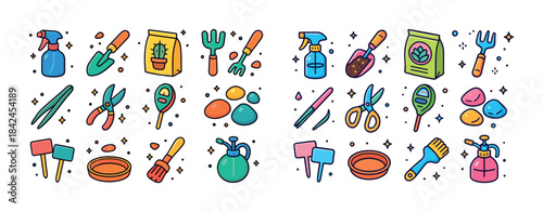 Colorful gardening tools and accessories illustration with plant