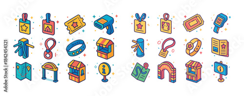 Colorful festival icons: tickets, wristbands, booths, maps, acti