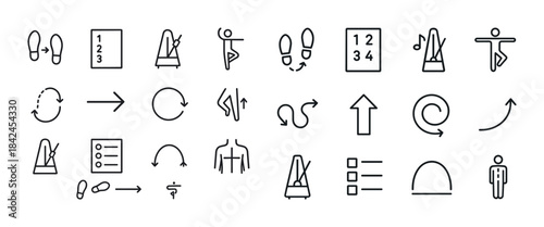 Dance icons: steps, metronome, rhythm, arrows, movement symbols