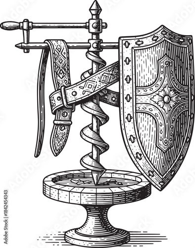 Etched Display of Medieval Armor Elements with Shield and Belt A