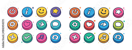 Colorful circular icons: smile, heart, music, camera, power, inf