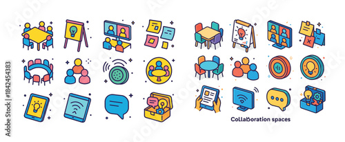 Colorful collaboration spaces and tools icons for creative teamw