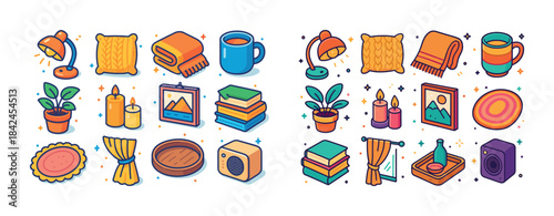 Colorful home decor elements with lamps, plants, books, and cand