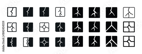 Set of crack icons in square shapes showing various fracture pat