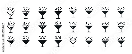 Black and white cocktail glass icon set with splash designs