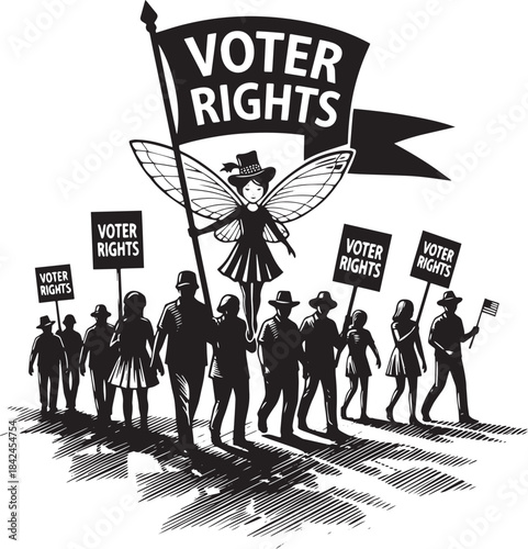 Woodcut Illustration of People Marching for Voter Rights with Fa