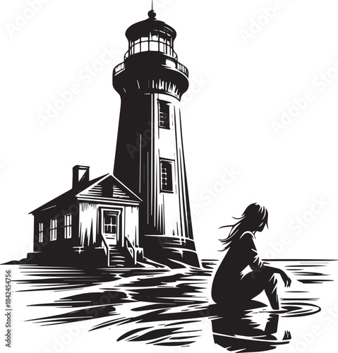 Monochrome illustration of a woman at a lighthouse in sumi-e sty