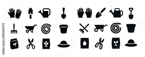Collection of gardening tools and icons for plant care tasks